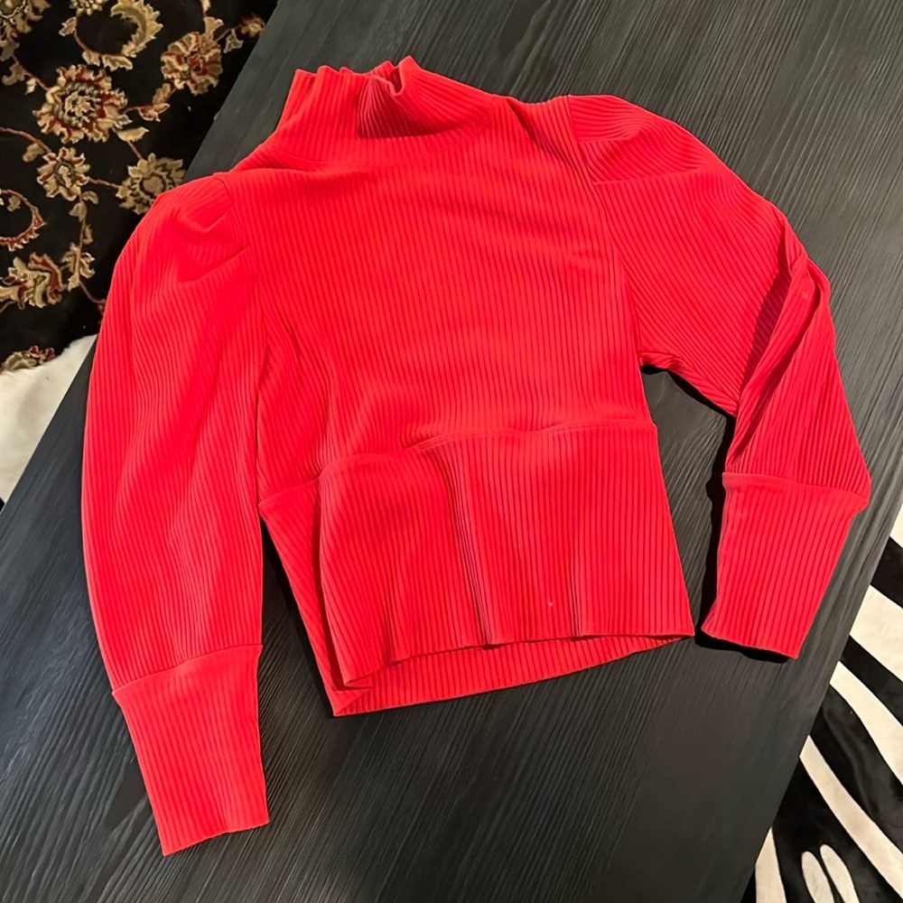 Free People Fitted Cropped Puff Sleeve Red Ribbed Top
